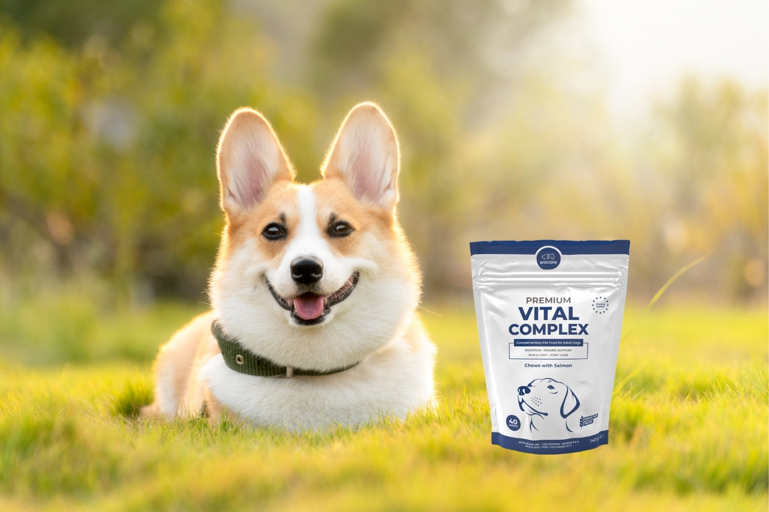 Hund liegt auf einer Wiese mit im Bild ist der Premium Vital Complex von Anicare