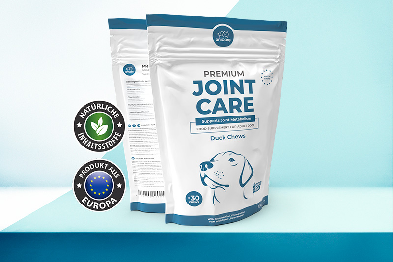 Vorderseite und Rückseite Anicare Premium Joint Care, 2 Badges: 1. Natürliche Inhaltsstoffe, 2. Produkt aus Europa